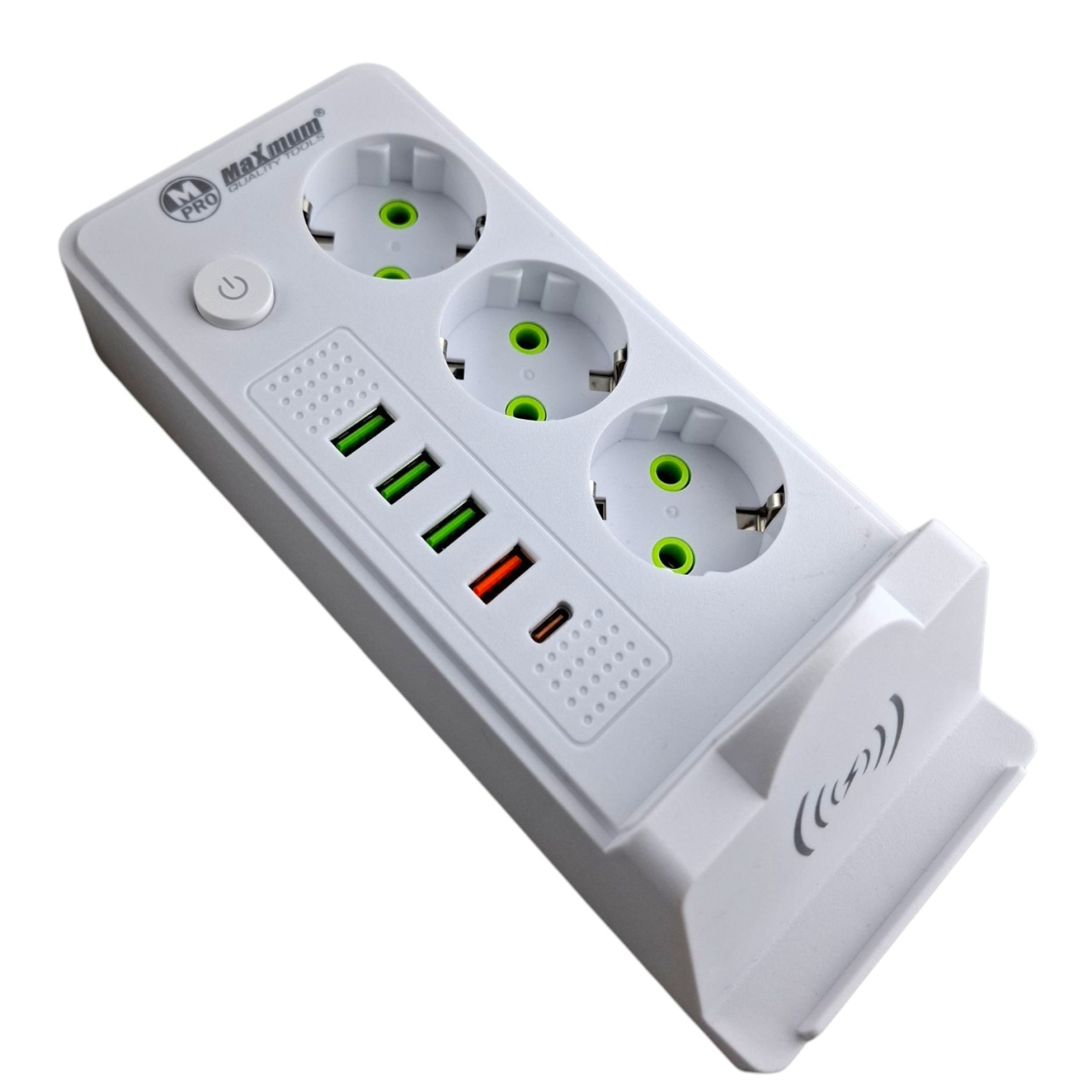 Удлинитель сетевой белый с беспроводной зарядкой 5 метров, 3 евро розетки, 4 USB порта, Type C, 2500 оптом